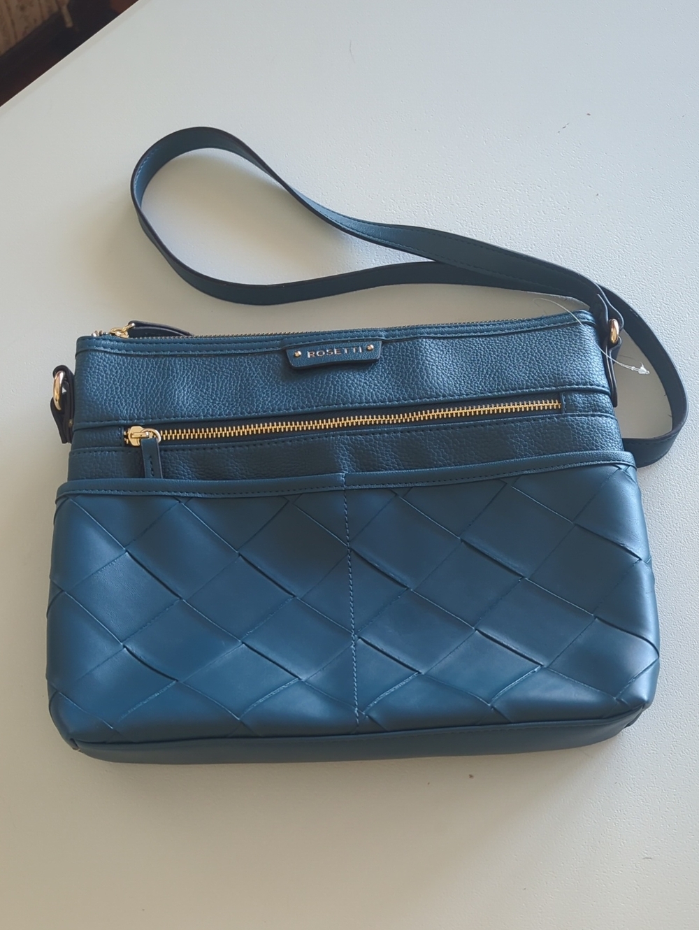 Rosetti Teal Blue Woven Crossbody Bag with Gold Hardware
